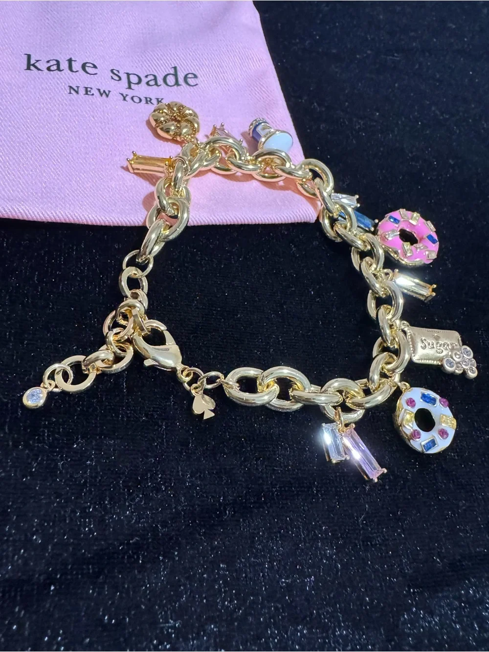 Kate Spade Gold Charm Bracelet with Pink & White Donut Charms